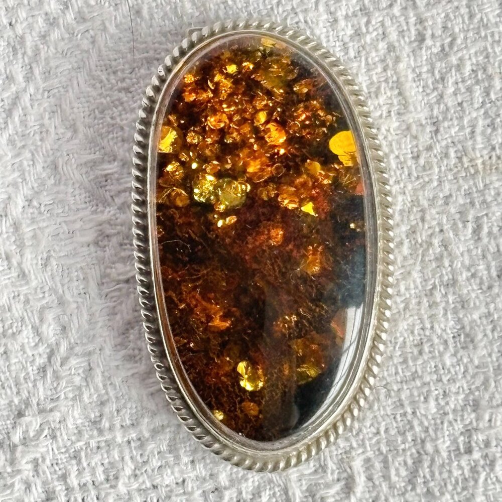 Baltic Amber Brooch with Beaded Edge Made in Poland
